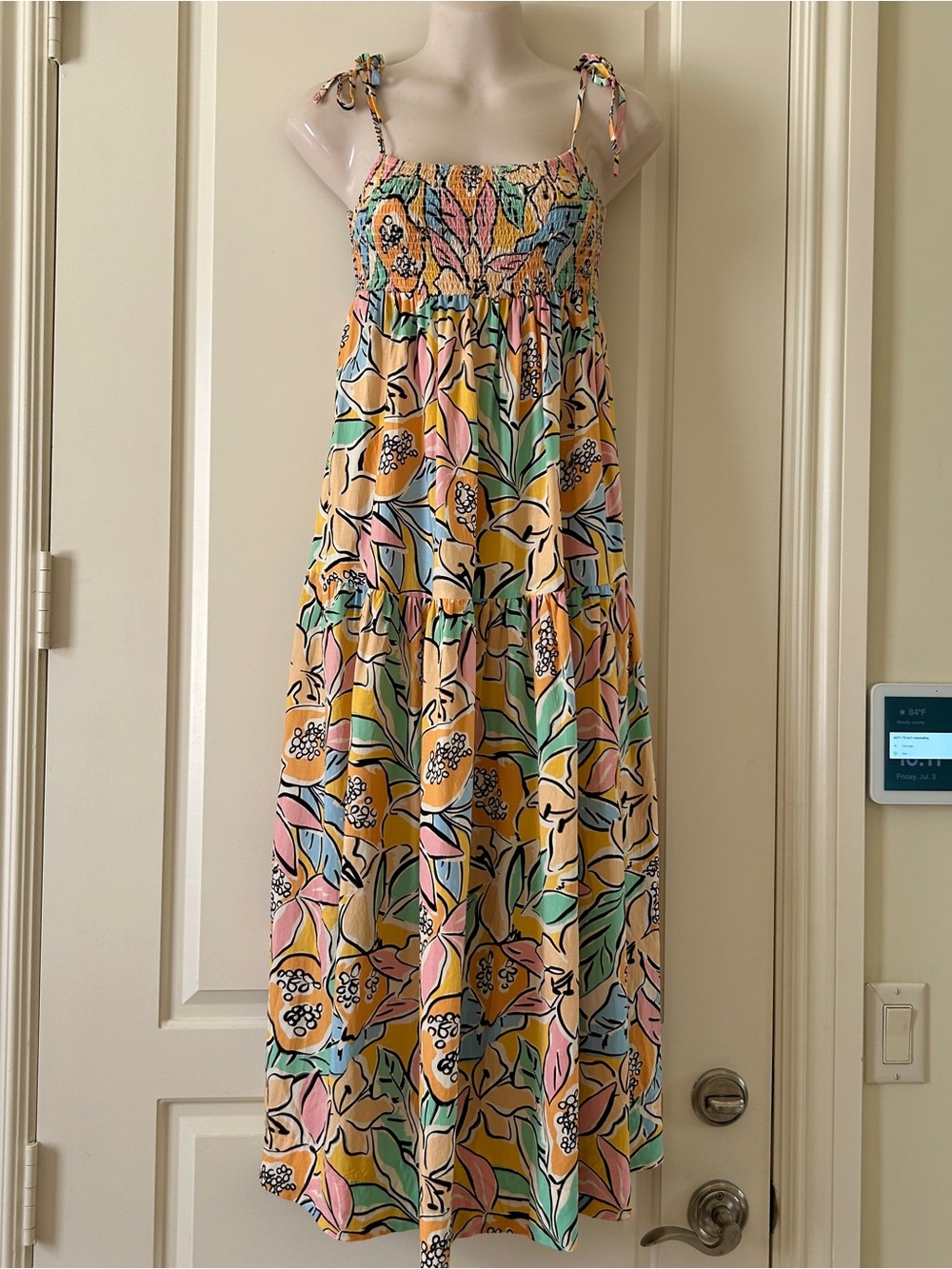 Astr The Label Yellow/Pink/Blue Maxi Dress, Tie-Shoulder, Viscose/Linen, S, NWOT